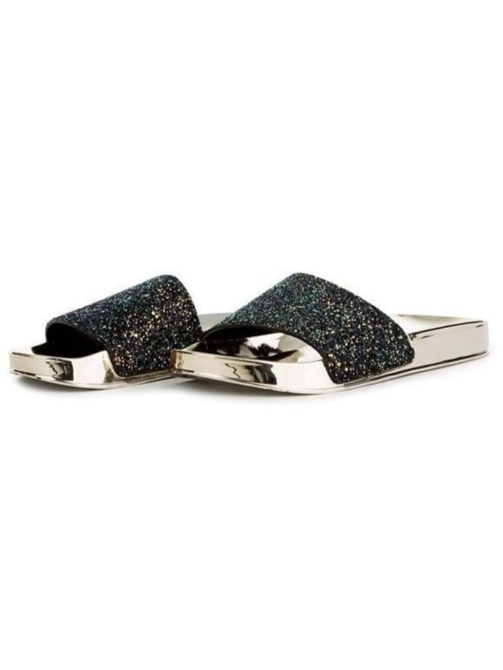 NEW Bamboo Women's 7 Multi Black Glitter Metallic Silver Slide Flat Sandals